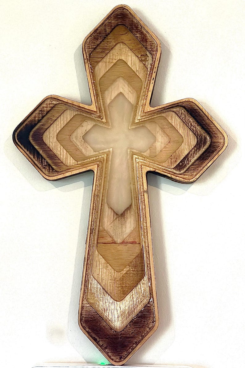Pink wood and epoxy cross, number 0012