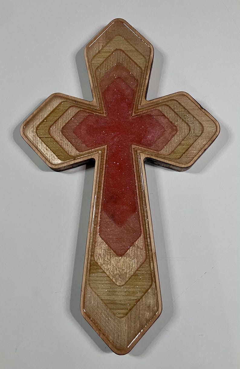 Pink wood and epoxy cross, number 0028