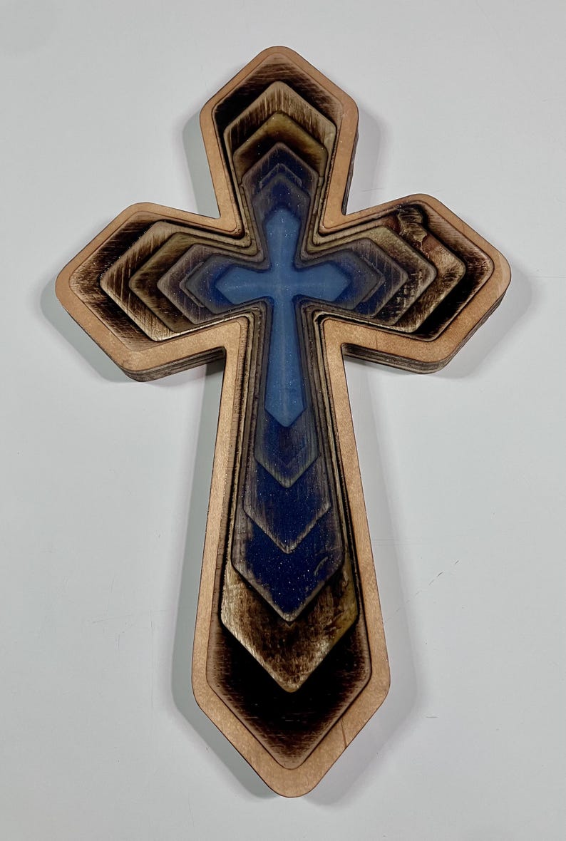 Blue wood and epoxy cross, number 0032
