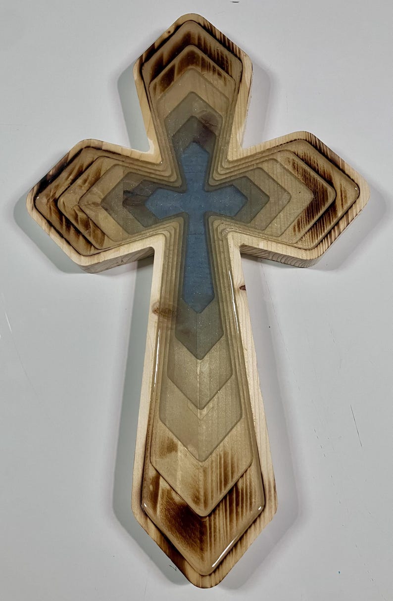 Light Blue wood and epoxy cross, number 0031